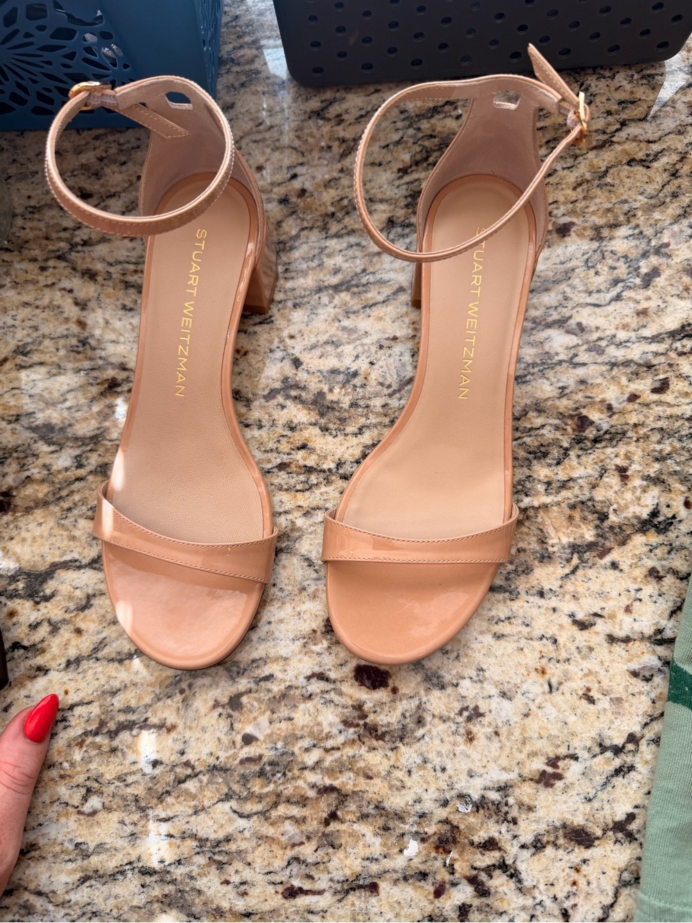 Stuart Weitzman Blush Nude Ankle-Strap Block Heels